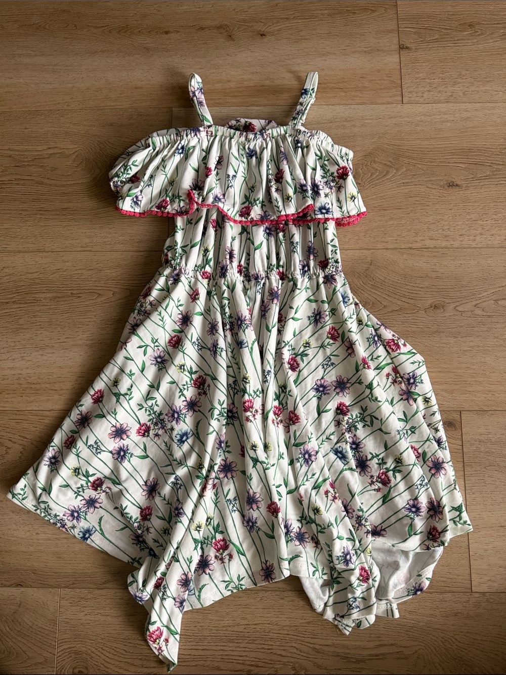 Girls' Floral Ruffle BCBG Sundress - White with Pink & Purple Flowers size 10-12